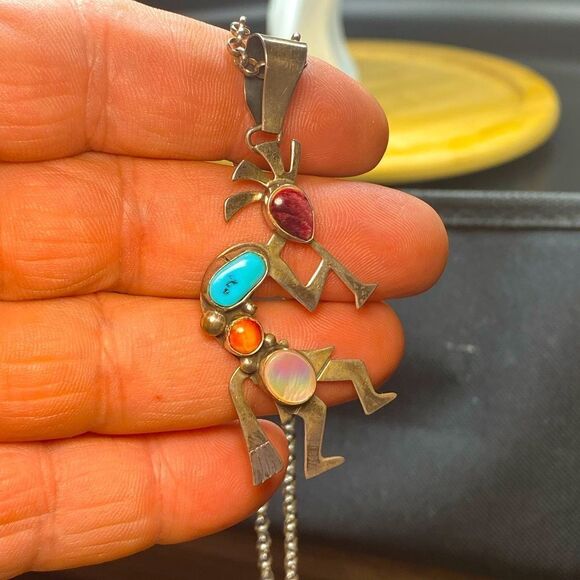 Ladies vintage SW Kokopelli turquoise, opal, and agate stones pendent w/chain - Picture 3 of 14